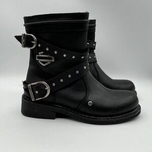Harley-Davidson Women's 6M Black Leather Studded Strap Moto Boots D83111